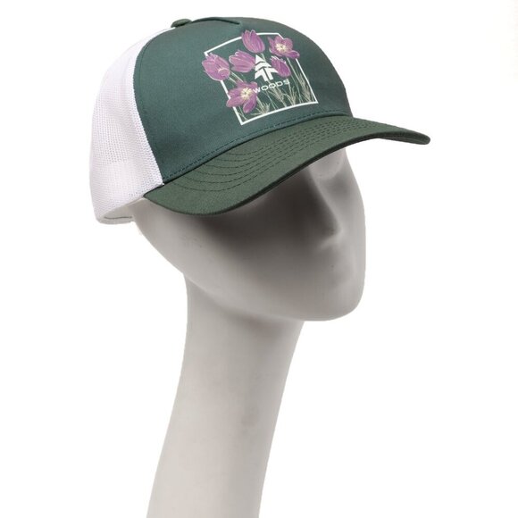 Woods Heritage Trucker Baseball Hat Mesh Snapback Cap Floral Green Purple White - Picture 3 of 7